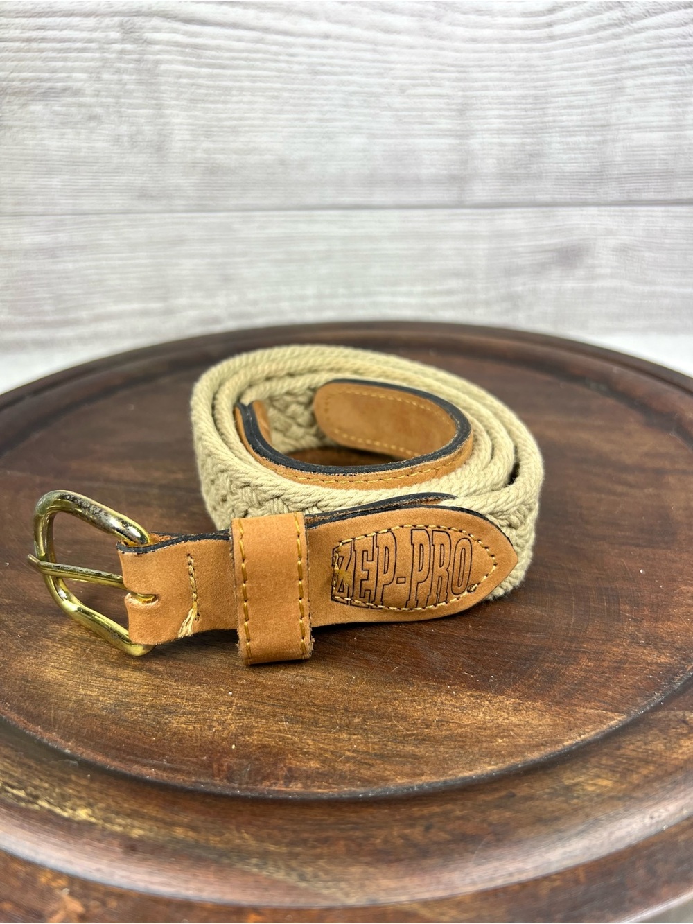 Vintage Zep-Pro Sport Belt 36 Taupe Woven Rope Leather Ends Brass Buckle USA